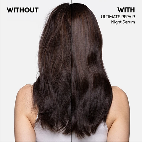 Image 1 - A split image comparison showing hair before and after treatment with text reading WITHOUT and WITH ULTIMATE REPAIR Night Serum. Image 2 - Woman with long wavy brown hair wearing a red satin top sitting on a bed with text reading REPAIR & PROTECT YOUR HAIR OVERNIGHT and 8HR PROLONGED EFFECT. Image 3 - A woman holds a red bottle of Wella Ultimate Repair spray next to text reading 91% SAID HAIR LOOKS MORE RADIANT* 88% SAID HAIR FEELS SOFT* *Consumer usage test with 33 US women, 2023.