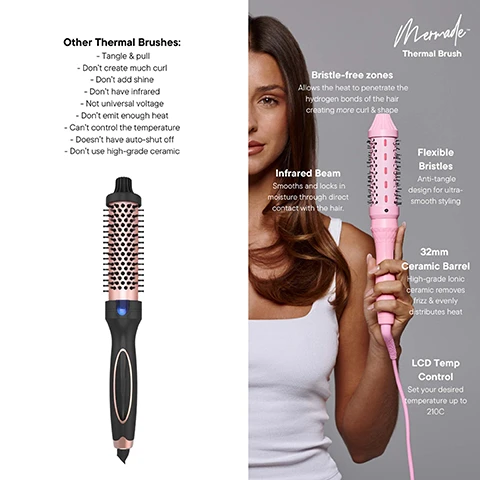 Image 1 - Image shows a side-by-side comparison of two thermal brushes, with the left featuring a black and rose gold brush and a list of drawbacks such as tangling and lack of infrared, while the right displays a woman holding a pink thermal brush highlighting features like flexible bristles, infrared beam, 32mm ceramic barrel, and LCD temperature control.
              Image 2 - A woman with long, wavy brown hair is shown holding a pink styling brush; the image is divided into two halves labeled Before on the left and After on the right, with the After side showing her hair styled and shiny.