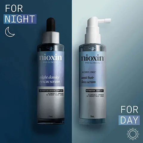 Image 1 - Image of two hair serums side by side on a gradient background; the left bottle labeled for night features nioxin and night density rescue serum, and the right bottle labeled for day features nioxin and anti-hair loss serum, with both bottles displaying 70ml.
              Image 2 - A bottle of Nioxin Night Density Rescue Serum is shown next to its box, with the text Leave On Overnight Scalp Treatment and With Clinically Proven Results alongside the product details, indicating the size as 70mL and 2.3FL OZ.
              Image 3 - A woman with long, wavy hair is tying her hair up into a ponytail, accompanied by text that reads: FOR HEALTHY LOOKING HAIR, REDUCE HAIR FALL, FORMULATED WITH OXYDINE24 TECHNOLOGY, CLINICALLY PROVEN TO BOOST HAIR DENSITY IN 8 WEEKS*, DERMATOLOGICALLY TESTED AND ANTI-AGING INTENSIVE TREATMENT.
              Image 4 - A bottle of Nioxin leave-on scalp treatment for daily use is shown, featuring a light blue and silver design with text indicating it is an anti-hair loss serum, includes a nutractive complex, mentions clinically proven results, and has a volume of 70mL.
              Image 5 - A woman with long, wavy hair holds a bottle of hair care product, with text beside her that reads: FOR HEALTHY LOOKING HAIR, DERMATOLOGICALLY TESTED, IMPROVES HAIR ANCHORAGE, HELPS TO REDUCE HAIR LOSS, THICKENS HAIR FROM FIRST USE.
              Image 6 - Image shows a purple background with the Nioxin logo at the top, followed by the text NIOXIN GROWS RESULTS™ and a description that reads Only Nioxin’s Advanced Scalp Science Can Target Hair Thinning and Hair Loss for Proven Results You Can See and Feel.