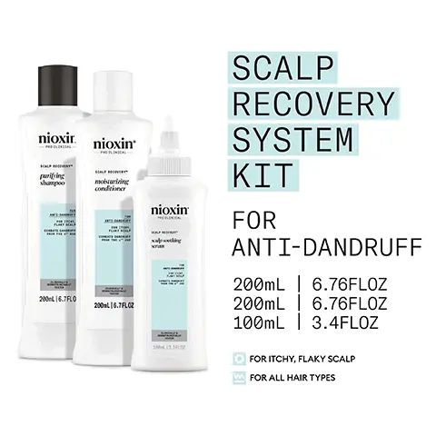 Image 1 - Image of a Nioxin Scalp Recovery System Kit for anti-dandruff, featuring three bottles: a purifying shampoo, a moisturizing conditioner, and a scalp soothing serum, with visible text indicating their sizes and purpose for itchy, flaky scalp.
              Image 2 - Three hair care products from the Nioxin Scalp Recovery System Kit are displayed against a light blue background, with the text COMBATS DANDRUFF and AFTER THE 1ST USE prominently featured.
              Image 3 - A woman with long, wavy hair is holding a hairbrush while looking over her shoulder, with text indicating the product is for anti-dandruff, specifically for itchy and flaky scalp, and stating it is clinically and dermatologically tested.
              Image 4 - Image showing two Nioxin hair care products next to a womans shoulder, with a sidebar labeled HOW TO USE detailing three steps: 1. Massage on wet scalp and hair, rinse, repeat if desired; 2. Apply to wet scalp and hair, leave for 1-3 minutes, rinse well; 3. Apply directly to the scalp, after using the Purifying Cleanser and Moisturising Conditioner.
              Image 5 - A graphic featuring three sections: the top section describes Mentha Arvensis Leaf Oil and its benefits for the scalp, the middle section discusses Peppermint Oils role in regulating sebum production, and the bottom section explains Niacinamides effects on hair and scalp health, with each section visually accompanied by colored backgrounds and water droplets.
              Image 6 - Image shows three hair care products with creamy textures on a light blue background: 1 NIOXIN SCALP RECOVERY PURIFYING SHAMPOO Cleanses gently yet effectively while soothing the scalp immediately, 2 NIOXIN SCALP RECOVERY MOISTURISING CONDITIONER Leaves hair feeling nourished, while providing comfort to the scalp, 3 NIOXIN SCALP RECOVERY SOOTHING SERUM Leave-on treatment that soothes the scalp immediately, while thickening each hair strand.
              Image 7 - Image shows the Nioxin logo at the top, with the text NIOXIN GROWS RESULTS™ prominently displayed below, followed by the sentence Only Nioxin’s Advanced Scalp Science Can Target Hair Thinning and hair Loss for Proven Results You Can See and Feel.
              Image 8 - Image shows two packs of hair care products side by side, the left displaying an old design labeled Old and the right showing a new design labeled New, with text above reading NEW LOOK same great formula.
              Image 9 - Image shows a product display for Nioxin hair care with three bottles labeled as purifying shampoo, moisturizing conditioner, and scalp soothing serum, accompanied by a list of ingredients for each product, with the title INGREDIENTS at the top.