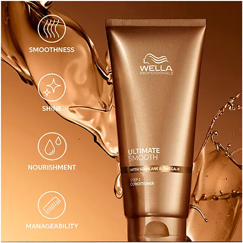 Image 1 - A brown tube of Wella Professionals Ultimate Smooth conditioner is displayed, with liquid splashes in the background; visible text includes Ultimate Smooth, with Squalane & Omega-9, STEP 2, and CONDITIONER, along with icons representing smoothness, shine, nourishment, and manageability.
              Image 2 - Image shows an illustration depicting a split hair strand with descriptions of effects; visible text includes PATENTED TECHNOLOGY WITH SQUALANE & OMEGA 9 OUTSIDE Creates a protective barrier INSIDE It deeply nourishes the hair.
              Image 3 - Image shows a product lineup for Wellas Ultimate Smooth hair care routine, featuring four items: a shampoo bottle labeled ULTIMATE SMOOTH CLEAN, a conditioner tube labeled ULTIMATE SMOOTH CONDITION, a treatment jar labeled ULTIMATE SMOOTH TREAT, and a spray bottle, with the text ULTIMATE SMOOTH ROUTINE TO FIGHT FRIZZY, DRY & DULL HAIR at the top.
              Image 4 - Image of Wella hair care products displayed against a golden background, featuring three bottles and a jar, with visible text stating UP TO 85% SMOOTHER HAIR, 96 HOURS FRIZZ CONTROL, and SILKY SHINE.
              Image 5 - An image of a glossy, white conditioner blob against a light gray background with text that reads ULTIMATE SMOOTH CONDITIONER and RICH NOURISHING TEXTURE.
              Image 6 - A bottle of hair treatment oil is lying on a tan surface with droplets of the liquid next to it, featuring labels that state Dermatologically Tested, Suitable for Coloured Hair, and UV and Heat Protection.