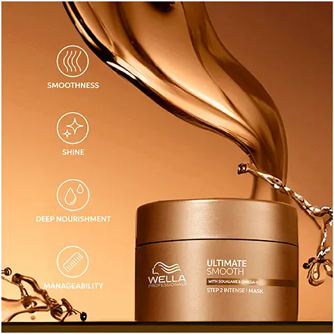 Image 1 - A golden jar of Wella Professionals Ultimate Smooth hair mask with flowing cream above it, featuring icons and text for smoothness, shine, deep nourishment, and manageability, labeled as STEP 2 INTENSE MASK.
              Image 2 - Image of a segmented hair strand showing the effects of patented technology with squalane and omega 9, labeled with OUTSIDE Creates a protective barrier and INSIDE It deeply nourishes the hair.
              Image 3 - Image shows four Wella hair care products labeled as part of an Ultimate Smooth routine designed to fight frizzy, dry, and dull hair, with visible text: ULTIMATE SMOOTH, ROUTINE TO FIGHT FRIZZY, DRY & DULL HAIR, 01. CLEAN, 02. CONDITION, 03. TREAT.
              Image 4 - Image shows a collection of Wella hair care products on a golden background, with text that reads UP TO 85% SMOOTHER HAIR, 96 HOURS FRIZZ CONTROL, and SILKY SHINE.
              Image 5 - A creamy white cosmetic mask is shown against a light backdrop, with the text Ultimate Smooth Mask above and Rich Nourishing Texture below.
              Image 6 - A bottle of Wella Ultimate Smooth hair treatment, resting on a cream-colored surface with drops of the product nearby, features labels indicating it is dermatologically tested, suitable for coloured hair, and offers UV and heat protection.