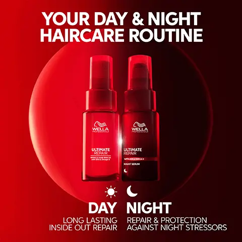 Image 1 - Image shows two haircare serum bottles from Wella, labeled ULTIMATE REPAIR, on a red background with text stating YOUR DAY & NIGHT HAIRCARE ROUTINE and distinguishing between DAY and NIGHT with their respective benefits.
              Image 2 - A person holds a red spray bottle labeled Wella Ultimate Repair, with bold text stating REPAIRS DAMAGE IN 90 SECONDS INSIDE & OUT.
              Image 3 - Image showing a split view of hair before and after treatment, with the left side displaying straight, dull hair labeled BEFORE with non conditioning shampoo, and the right side showing wavy, vibrant hair labeled AFTER with ULTIMATE REPAIR steps 1, 2 & 3 and blow-dry, featuring a red Wella Ultimate Repair spray bottle in the center.
              Image 4 - A woman with long, wavy hair sits on a bed wearing a red silk pajamas top, next to a text overlay that says REPAIR & PROTECT YOUR HAIR OVERNIGHT and 8hr PROLONGED EFFECT.
              Image 5 - Image shows a woman’s long hair split into two sides; the left side appears frizzy and less shiny without product, while the right side looks smooth and shiny after using the Ultimate Repair Night Serum, with the text WITHOUT and WITH ULTIMATE REPAIR Night Serum displayed above and below the split.
              Image 6 - The image shows two sections of hair; the top section is light blonde hair with the text REBUILD BONDS INSIDE WITH AHA, and the bottom section features dark brown hair with the text REPLENISH HAIR OUTSIDE WITH OMEGA-9 along with a red circle with a plus symbol.
              Image 7 - A woman with long, wavy hair is sitting on a bed, smiling while holding a bottle of hair product; text on the image reads 91% said hair looks more radiant and 88% said hair feels soft.