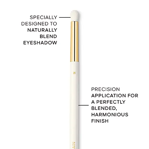 Image 1 - A makeup brush with a white handle and a gold ferrule, designed for blending eyeshadow, accompanied by text that reads SPECIALLY DESIGNED TO NATURALLY BLEND EYESHADOW and PRECISION APPLICATION FOR A PERFECTLY BLENDED, HARMONIOUS FINISH.
              Image 2 - Two makeup brushes are displayed side by side: the top brush has a white handle and gold detailing with the number 23, and the bottom brush also has a white handle and gold detailing with the number 21, with text stating A TIP DESIGNED TO INTENSIFY EYESHADOW WITH A PRECISE, LIGHT TOUCH and A TIP DESIGNED TO BLEND EYESHADOW WITH A PRECISE, LIGHT TOUCH.
              Image 3 - Image shows a selection of makeup brushes arranged in two rows with labels for each brush including their names and numbers, with FACE at the top followed by brushes labeled Fluid & Powder Foundation Brush, Fluid Foundation Brush, Powder Brush, Blush & Highlighter Brush, and EYES at the bottom followed by brushes labeled Eyeshadow Blending Brush and Eyeshadow Shading Brush.