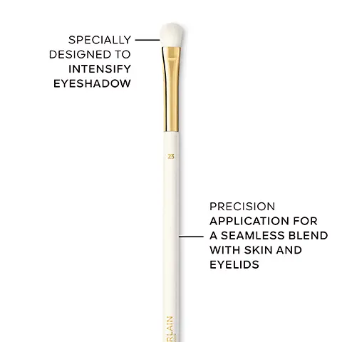 Image 1 - A makeup brush with a soft, white bristle tip and a gold ferrule, accompanied by the text that reads SPECIALTY DESIGNED TO INTENSIFY EYESHADOW and PRECISION APPLICATION FOR A SEAMLESS BLEND WITH SKIN AND EYELIDS.
              Image 2 - Image shows two makeup brushes with descriptions alongside each: the top brush has a tip designed to intensify eyeshadow with a precise, light touch and is labeled 23, while the bottom brush has a tip designed to blend eyeshadow with a precise, light touch and is labeled 21.
              Image 3 - Image shows a collection of makeup brushes arranged horizontally with labels identifying each brush: FACE section includes Fluid & Powder Foundation Brush, Fluid Foundation Brush, Powder Brush, and Blush & Highlighter Brush; EYES section includes Eyeshadow Blending Brush and Eyeshadow Shading Brush.