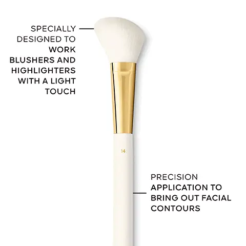 Image 1 - A makeup brush with a fluffy, white bristle head and a sleek gold and white handle, accompanied by text stating SPECIALY DESIGNED TO WORK BLUSHERS AND HIGHLIGHTERS WITH A LIGHT TOUCH and PRECISION APPLICATION TO BRING OUT FACIAL CONTOURS.
              Image 2 - Image shows a display of makeup brushes arranged vertically with white handles and gold accents, labeled for face and eyes, including Fluid & Powder Foundation Brush, Fluid Foundation Brush, Powder Brush, Blush & Highlighter Brush, Eyeshadow Blending Brush, and Eyeshadow Shading Brush.