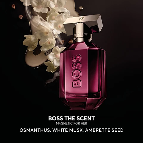 Image 2 - A stylish purple perfume bottle labeled BOSS with delicate white flowers and liquid swirling in the background, featuring the text BOSS THE SCENT MAGNETIC FOR HER OSMANTHUS, WHITE MUSK, AMBRETTE SEED.
              Image 3 - A purple perfume bottle with a gold cap labeled BOSS is displayed against a dark background, accompanied by text that reads Perfect for date night and lasts all night. I have received so many compliments whilst wearing this and I would highly recommend - Annie, Home Tester Club along with five star ratings.
              Image 4 - The image shows four distinct perfume bottles from the BOSS fragrance line on a reflective surface, with the text BOSS THE SCENT above and the names Eau de Parfum, Magnetic Eau de Parfum, Parfum, and Elixir displayed below each bottle along with their scent descriptions and intensity levels.
              Image 5 - An illuminated display features two perfume bottles side by side, one pink with a gold cap labeled BOSS and the other black with the label BOSS, above the text BOSS THE SCENT MAGNETIC.