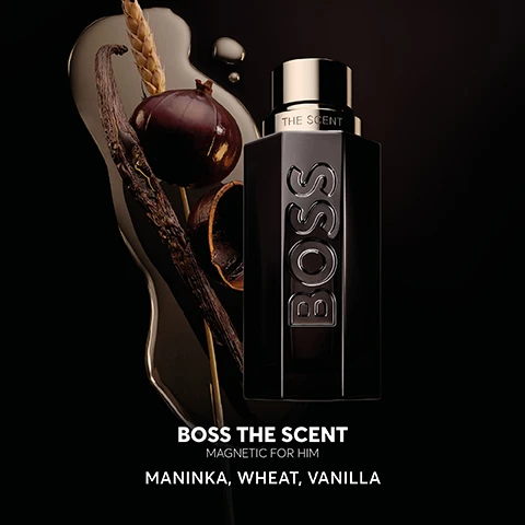 Image 2 - A dark bottle labeled BOSS THE SCENT is surrounded by vanilla pods, wheat, and maninka fruits, with the text MAGNETIC FOR HIM and MANINKA, WHEAT, VANILLA displayed below.
              Image 3 - A sleek black perfume bottle with the word BOSS prominently displayed, surrounded by a soft glow, accompanied by a review praising its charm and scent, along with five star ratings.
              Image 4 - Image shows four perfume bottles labeled BOSS displayed on a circular surface against a dark background, with the text BOSS THE SCENT at the top; the bottles are labeled Eau de Toilette, Magnetic Eau de Parfum, Parfum, and Elixir, with corresponding scent mood and notes listed underneath: scent mood includes Sensual & Fierce, Attractive & Exhilarating, Rich & Addictive, and Carnal & Hypnotic, while scent family includes Amber Woody Fruity, Amber Fruity Leathery, Amber Leathery, and Amber Leathery Woody.
              Image 5 - A purple glass perfume bottle and a black glass perfume bottle are displayed on a circular reflective surface with the text BOSS THE SCENT MAGNETIC above them.