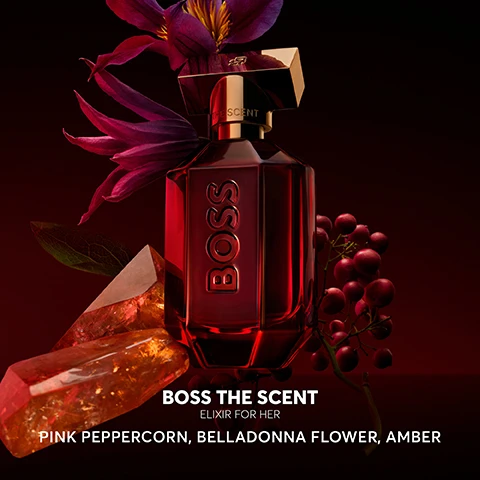 Image 2 - A stylish red glass perfume bottle with a gold cap is surrounded by purple flowers, amber crystals, and pink peppercorns, with visible text reading BOSS THE SCENT ELIXIR FOR HER PINK PEPPERCORN, BELLADONNA FLOWER, AMBER.
              Image 3 - A red perfume bottle labeled BOSS is displayed against a dark background, with a quotation about the fragrance from Christina of Home Tester Club and a five-star rating visible.
              Image 4 - A display of four perfume bottles from the BOSS brand on a reflective surface, labeled as Eau de Parfum, Magnetic Eau de Parfum, Parfum, and Elixir, along with scent family and intensity level descriptions for each.
              Image 5 - An elegant display of two dark red perfume bottles on a round pedestal, featuring the brand name BOSS prominently on each bottle and the text THE SCENT ELIXIR above them.
