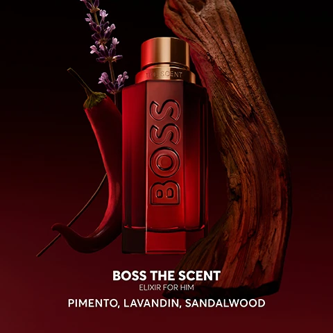 Image 2 - A red bottle of Boss perfume is displayed against a dark background, accompanied by a green chili pepper, lavender flowers, and a piece of wood, with the text reading BOSS THE SCENT ELIXIR FOR HIM PIMENTO, LAVANDIN, SANDALWOOD.
              Image 3 - A bottle of BOSS fragrance in a sleek design with a prominent logo, accompanied by a testimonial from Vic at Home Tester Club and a five-star rating.
              Image 4 - A display of four perfume bottles labeled BOSS, featuring Eau de Toilette, Magnetic Eau de Parfum, Parfum, and Elixir, with descriptions of scent mood, family, notes, and intensity level below each bottle.
              Image 5 - A display of two red perfume bottles with embossed BOSS labels, set against a dark background, with the text BOSS and THE SCENT ELIXIR at the top.