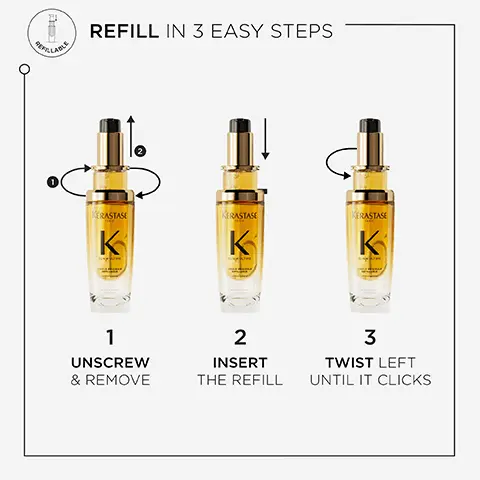 Image 1, REFILLABLE REFILL IN 3 EASY STEPS KERASTASE KERASTASE K K KERASTASE K 1 UNSCREW & REMOVE 2 INSERT THE REFILL 3 TWIST LEFT UNTIL IT CLICKS Image 2, BEFORE AFTER BEFORE AFTER BEFORE AFTER KERASTASE K *SILLUSTRATIONS OF THE CONTEMPLATED RESULTS OBTAINED AFTER APPLYING THE PRODUCT ELDOR ULTIME HULE ORIGINALE Image 3, VERSATILE BEAUTIFYING HAIR OIL UP TO 2X SHINIER HAIR FOR 48H* UP TO 70% INSTANT SOFTNESS** UP TO 4 DAYS ANTI-FRIZZ*** KÉRASTASE PARIS K ELIXIR ULTIME L'HUILE ORIGINALE REFILLABLE FOR ALL HAIR TYPES "INSTRUMENTAL TEST VS UNWASHED HAIR "INSTRUMENTAL TEST ON SENSITISED HAIR INSTRUMENTAL TEST Image 4, INGREDIENTS WILD & FRENCH CAMELLIA OILS MARULA & ARGAN OILS Image 5, LIGHTWEIGHT NON-GREASY OIL TEXTURE APPLY 1 OR 2 DROPS DEPENDING ON HAIR LENGTH & HAIR TYPE ELIXIR ULTIME L'HUILE ORIGINALE Image 6, ELIXIR ULTIME OLFACTIVE PYRAMID FREESIA NOTE KÉRASTASE PARIS SANDALWOOD NOTE K ELOR ULTIME HELIOTROPE NOTE SUBLIMATION OF A SANTAL Ofective interpretation of Elxir Ultime L'Huile Originale Image 7, UP TO 2X SHINIER HAIR FOR 48H* KÉRASTASE K CLIXIR ULTIME L'HUILE ORIGINALE REFILLABLE *INSTRUMENTAL TEST VS UNWASHED HAIR Image 8, VERSATILE BEAUTIFYING OIL KÉRASTASE PARS K ELCOR ULTIM FOR DULL HAIR