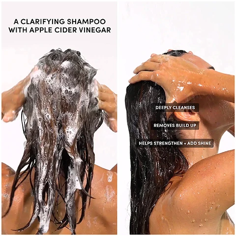 Image 1 - A person is lathering their hair with a clarifying shampoo featuring apple cider vinegar, while the right side lists the benefits: deeply cleanses, removes buildup, helps strengthen + add shine.
              Image 2 - A bottle of OUAI Detox Shampoo with a golden liquid is shown, featuring labels highlighting key ingredients: Chelating Agents, Apple Cider Vinegar, and Hydrolyzed Keratin, with additional text stating All Hair Types and 10 fl oz / 300 ml.