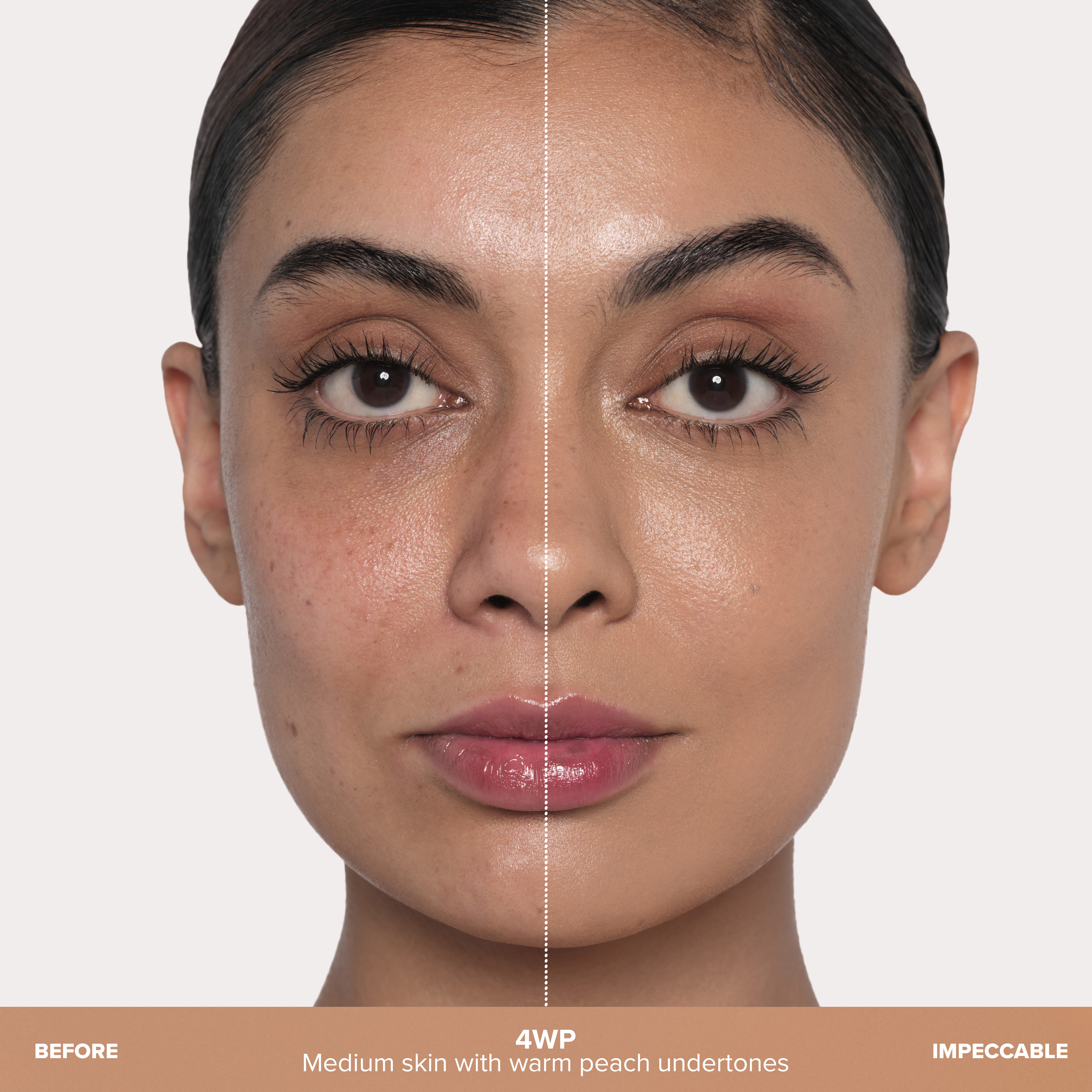 Image shows a split face of a woman, with the left side labeled BEFORE showing visible skin imperfections and texture, while the right side labeled IMPECCABLE appears smooth and flawless; additional text reads 4WP Medium skin with warm peach undertones.