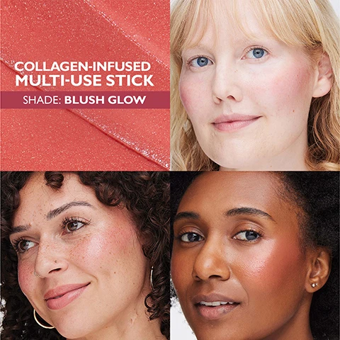 Image 1 - A collage featuring three women showcasing the effects of a coral-colored multi-use stick labeled Collagen-Infused Multi-Use Stick, Shade: Blush Glow with a textured background.
              Image 2 - Image shows three stick products labeled as Peter Thomas Roth Instant Firm Collagen Bounce Stick in silver packaging against a pink background, with text stating CLINICALLY PROVEN to improve the look of elasticity instantly and over time.* and a note at the bottom mentioning *Based on a 1-week clinically measured study on 28 women ranging in age from 32 to 65.
              Image 3 - Image of skincare products including a stick labeled Instant Fifty Collagen Bounce Stick with a silver container, alongside descriptions highlighting ingredients such as 10% collagen complex, peptides, and hyaluronic acid filling spheres, with details about their benefits for skin appearance and hydration.
              Image 4 - A woman with long, dark hair in a bun holds a blush stick next to her cheek, wearing a pink top and displaying a rosy blush on her cheeks, with text that reads Emira wears BLUSH GLOW for a rosy flush.
              Image 5 - Image shows three multi-use skincare sticks with silver packaging, featuring shades in cream, bronze, and pink with text stating clinically stronger skin care in a multi-use stick, instant hydration, bounce & glow, long-term firming & elasticity results, and 3 universal buildable shades.
              Image 6 - An image of three horizontal swatches of cosmetics in varying colors: a creamy white, a rich brown, and a bright pink, with text that reads 3 UNIVERSAL SHADES buildable, radiant finish on all skin tones.
              Image 7 - A woman with long brown hair is smiling and holding three skincare stick products against a pink background, with the text BOOST YOUR BOUNCE displayed prominently.
              Image 8 - A person with curly hair smiles while holding a skincare product near their face, with descriptive text next to them highlighting the benefits of the product: Skin care first. Clinical firming and plumping, plus color and glow. Soft balmy texture. When applying, only light pressure is needed—the formula effortlessly melts into skin due to a high level of skin care ingredients. Over 2x more product than the average stick. Twist up a small amount at a time (not the whole stick!) to avoid breakage.