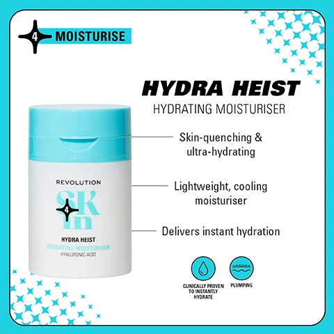 Image 1 - A moisturizer container labeled HYDRA HEIST in blue and white, with text describing it as skin-quenching, ultra-hydrating, lightweight, and cooling, along with notes on its hydrating properties and effectiveness.
              Image 2 - Image shows a side-by-side comparison of two skincare products: on the left is a white container labeled HYDRATE with the text REVOLUTION SKIN below, and on the right is a blue container labeled HYDRA HEIST with REVOLUTION SK above it; the top of the image says WEVE HAD A GLOW UP! and the bottom says NEW LOOK. SAME INCREDIBLE FORMULA.
              Image 3 - A colorful display of skincare products in four sections: Be Bright with orange and pink bottles, Happy Hydrate with blue and green containers, Clearly Clarify with blue and green products, and Go Gentle with pink and white items, each accompanied by a description of the product benefits and steps for use.