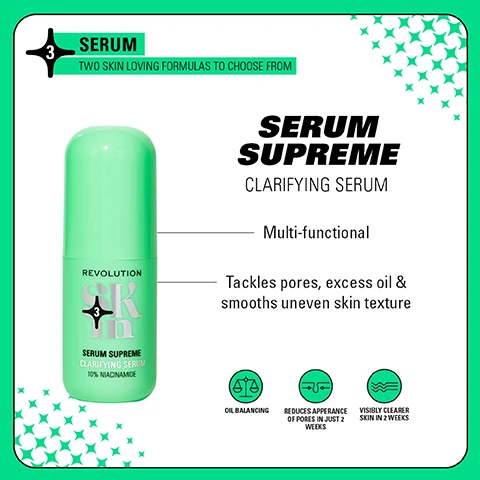 Image 1 - An image of a green serum bottle labeled SERUM SUPREME CLARIFYING SERUM with visible text highlighting its benefits: Multi-functional, Tackles pores, excess oil & smooths uneven skin texture, and icons for OIL BALANCING, REDUCES APPEARANCE OF PORES IN JUST 2 WEEKS, and VISIBLY CLEARER SKIN IN 2 WEEKS.
              Image 2 - Image shows a side-by-side comparison of a womans face labeled Before on the left and After 4 Weeks on the right, illustrating a visible improvement in skin clarity, with the products from the Clearly Clarify 4-Step Routine displayed at the bottom right.
              Image 3 - Four groups of skincare products are displayed, with labels reading BE BRIGHT for glow-boosting formulas, HAPPY HYDRATE for skin quenching formulas, CLEARLY CLARIFY for blemish-prone skin, and GO GENTLE for barrier support, accompanied by product images and descriptions.
              Image 4 - Image shows a comparison of two skincare products side by side: on the left, a white dropper bottle labeled Blemish from Revolution Skin, and on the right, a green cylindrical container with Revolution and Serum Supreme along with 10% Niacinamide in a smaller font; there is text above stating WEVE HAD A GLOW UP! and below stating NEW LOOK. SAME INCREDIBLE FORMULA.