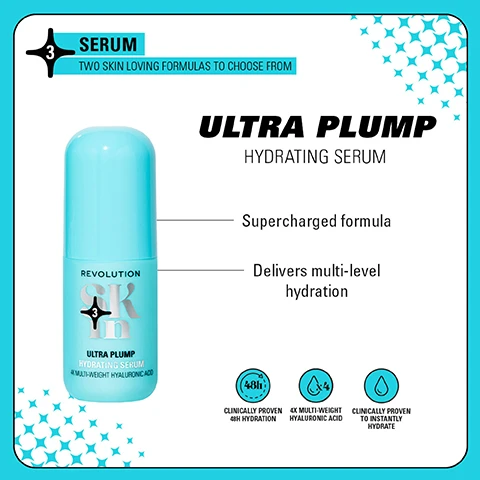 Image 1 - A light blue bottle of hydrating serum labeled Ultra Plump on a turquoise background, with text that reads: Supercharged formula, Delivers multi-level hydration, 48H hydration, and 4X multi-weight hyaluronic acid, along with Clinically proven to instantly hydrate.
              Image 2 - Image shows a comparison between two skincare products: on the left, a dropper bottle labeled REVOLUTION SKIN with the word HYDRATE at the bottom, and on the right, a cylindrical container labeled REVOLUTION and ULTRA PLUMP with text that says NEW LOOK. SAME INCREDIBLE FORMULA. at the bottom.
              Image 3 - Four blocks of skincare products are arranged in a grid: the top left displays products labeled Be Bright with bright orange and yellow packaging, the top right features Happy Hydrate with teal and blue packaging, the bottom left shows Clearly Clarify in teal and green, and the bottom right presents Go Gentle in pink and white, with each block containing a subtitle summarizing the product benefits.
