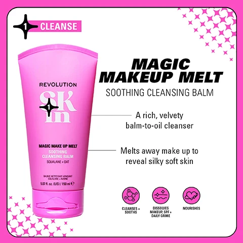 Image 1 - A bright pink tube of cleansing balm labeled Magic Make Up Melt Soothing Cleansing Balm with descriptions of its benefits, including A rich, velvety balm-to-oil cleanser and Melts away makeup to reveal silky soft skin, accompanied by icons indicating it cleanses, soothes, dissolves makeup, and nourishes.
              Image 2 - A pink toner bottle labeled GLAZE DAZE SOOTHING MILKY TONER ESSENCE with descriptions about its hydrating properties and benefits for the skin, alongside icons indicating it soothes and hydrates.
              Image 3 - A pink bottle of serum labeled Revolution SKIN MUST BE MUCIN SOOTHING SERUM, with descriptions stating it is a wonder serum for dewy, bouncy, and plump skin, and a vegan alternative to snail mucin, alongside icons indicating it plumps skin, provides clinically proven 48-hour hydration, and soothes.
              Image 4 - Image of a skincare product titled Plump-Tide Soothing Moisturiser in a white and pink container, with bullet points highlighting that it is a calming moisturiser formulated to soothe skin and support the barrier, leaving skin happy and hydrated, along with icons indicating it plumps skin, provides clinically proven 12-hour hydration, and supports the skin barrier.
              Image 5 - Image of five skincare products arranged on a bright green background, featuring pink packaging with labels, and visible text that reads GO GENTLE SOOTHING FORMULAS FOR BARRIER SUPPORT, CLINICALLY TESTED FOR SENSITIVE SKIN, 4 STEPS TO BARRIER SUPPORT, and AM + PM.
              Image 6 - Four groups of skincare products are displayed in a grid format on a bright green background, with captions for each group at the top: Be Bright with orange containers and the text 4 STEPS TO BRIGHTER SKIN, Happy Hydrate with blue containers and the text 4 STEPS TO ULTIMATE HYDRATION, Clearly Clarify with green containers and the text 4 STEPS TO CLEARER SKIN, and Go Gentle with pink containers and the text 4 STEPS TO BARRIER SUPPORT.