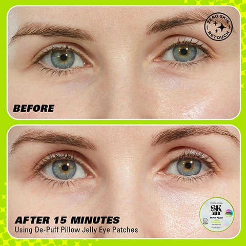 Image 1 - The image shows a side-by-side comparison of two sets of eyes; the top labeled BEFORE displays puffy under-eye areas, while the bottom labeled AFTER 15 MINUTES shows a smoother appearance after using De-Puff Pillow Jelly Eye Patches.
              Image 2 - An image comparing the previous and new packaging of eye patches, featuring a black circular container labeled HYDRATE and a green circular container labeled DE-PUFF PILLOW, both from Revolution Skin, with the text WEVE HAD A GLOW UP! NEW LOOK. SAME INCREDIBLE FORMULA.