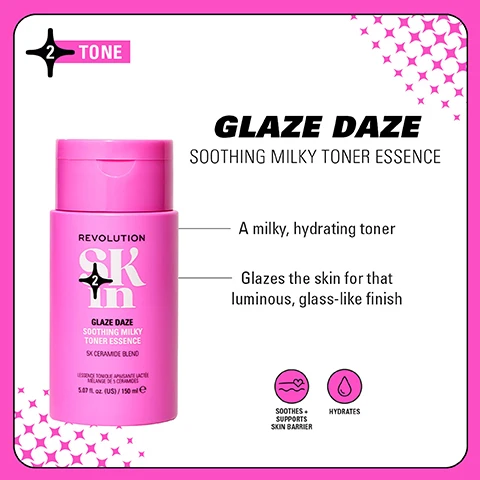 Image 1 - Image of a pink bottle of toner labeled GLAZE DAZE SOOTHING MILKY TONER ESSENCE with descriptions stating it is a milky, hydrating toner that glazes the skin for a luminous, glass-like finish, and icons stating it soothes and hydrates.
              Image 2 - The image features a collection of pink skincare products displayed on a bright green background, labeled with GO GENTLE SOOTHING FORMULAS FOR BARRIER SUPPORT and includes visible product names such as Bouncy Barrier, Magic Make Up Melt, Glaze Daze, Must Be Munchin, and Plump Tide, with the text 4 STEPS TO BARRIER SUPPORT and icons for AM and PM usage, also noting CLINICALLY TESTED FOR SENSITIVE SKIN.
              Image 3 - Four sets of skincare products are displayed on a bright green background, each labeled with a category: Be Bright, Happy Hydrate, Clearly Clarify, and Go Gentle, with accompanying descriptions for each category that highlight benefits such as brighter skin, hydration, blemish control, and barrier support, along with visible product names and instructions.