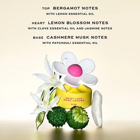 Image 1 - A vibrant perfume bottle shaped like a flower is surrounded by colorful floral decorations, with visible text listing the fragrance notes: top white strawberry notes with sweet orange essential oil, heart marigold notes with jasmine and violet notes, and base white woods notes with musk and vanilla notes. Image 2 - A hand holds a yellow perfume bottle adorned with a flower-shaped cap, surrounded by oversized yellow flowers, with text displaying DAISY MARC JACOBS GLOW, five star ratings, and a review stating THIS IS ABSOLUTELY GORGEOUS, AND THE PERFECT DAYTIME SCENT! I GET SO MANY COMPLIMENTS WHEN I WEAR IT! - CHELSEA, HOME TESTER CLUB. Image 3 - Three perfume bottles from the Marc Jacobs Daisy Glow collection are displayed against a bright background, labeled as Daisy Glow, Daisy Eau So Fresh Glow, and Daisy Love Glow, with descriptions of their scents: Sunny Modern Bright with white strawberry, marigold, and white woods notes; Breezy Blithe Romantic featuring pear, violet, and mimosa notes; and Unique Playful Enchanting with bergamot, violet, and cashmere musk notes.