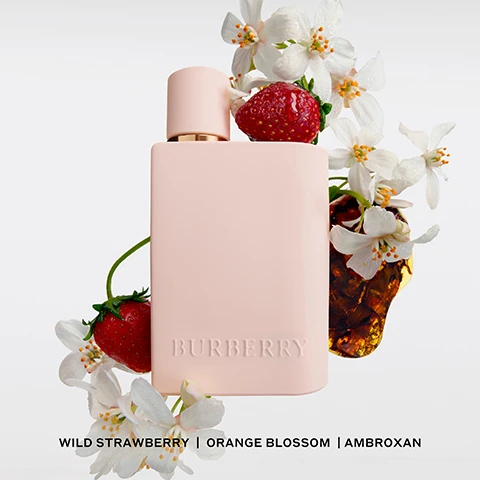 Image 1 - A pale pink perfume bottle with the word Burberry embossed on it is surrounded by white flowers and fresh strawberries, with wild strawberry, orange blossom, and ambroxan listed below.
              Image 2 - Image shows a display of four Burberry fragrance bottles labeled Eau de Toilette, Eau de Parfum, Eau de Parfum Intense, and Elixir de Parfum, along with their scent descriptions: Green Pear, Honeysuckle, Musk; Dark Berries, Violet, Dry Amber; Wild Strawberry, Orange Blossom, Ambroxan; Dark Red Berries, Jasmine, Vanilla, with varying intensity levels indicated by filled and empty circles.
              Image 3 - A white perfume bottle with a minimalist design is prominently displayed against a soft background, with the text BURBERRY HER and THE NEW EAU DE PARFUM INTENSE visible below.
              Image 4 - Four Burberry perfume bottles are arranged side by side, with two in pastel pink and two in clear glass, labeled as Elixir de Parfum, Eau de Toilette, NEW Eau de Parfum Intense, and Eau de Parfum.
