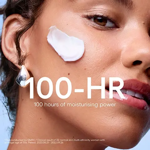 Image 1 - A close-up of a womans face with a dollop of white cream on her cheek, featuring text that reads 100-HR, 100 hours of moisturising power, and a disclaimer *Test conducted by GMRC / Clinical result of 32 normal skin multi-ethnicity women with average age of 30s. Period: 2023.08.21 - 2023.09.26. Image 2 - A light blue Laneige Water Bank Blue Hyaluronic Cream Moisturizer jar and a partial reflection of it are displayed, accompanied by text LANEIGE, WATER BANK, BLUE HYALURONIC, Cream Moisturizer, #Moisture Barrier Fortifying Cream, +79% Boosts Skins Visible Bounce, 96% Agreed skin felt stronger/more resilient, *Test conducted by GMRC / Clinical Result & Consumer Survey of 32 normal skin multi-ethnicity women with average age of 30s. Period: 2023.08.21 - 2023.09.26. Image 3 - The image displays a light blue jar of LANEIGE Water Bank Blue Hyaluronic Cream Moisturizer with cream on top, alongside text introducing 3 SKIN BARRIER INGREDIENTS to change the density: Ceramide / Cholesterol / Fatty acids helps to make a densely structured skin barrier with ingredients similar to skin lipids; Pepta-panthenol Complex helps to fortify skin barrier; and Blue Hyaluronic Acid offers powerful hydration.