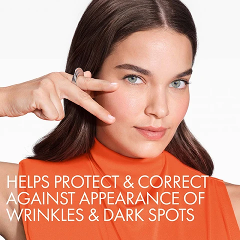 Image 1 - A young woman with long brown hair is wearing an orange top and is making a peace sign near her face, with the text HELPS PROTECT & CORRECT AGAINST APPEARANCE OF WRINKLES & DARK SPOTS visible in the image.
              Image 2 - A woman with long brown hair and blue eyes is gently touching her cheek while wearing an orange sleeveless top; the image includes the text ULTRA-THIN. BREATHABLE. INVISIBLE.
              Image 3 - A split image shows two clear liquid textures; on the left, there is the text 2% NIACINAMIDE, and on the right, the text 4% PEPTIDES, with the phrase DAILY SPF TO PROTECT AGAINST UV DAMAGE & POLLUTION at the bottom.
              Image 4 - Three close-up images of womens faces representing diverse skin types and tones, with the text DESIGNED FOR ALL SKIN TYPES AND TONES at the top.
              Image 5 - Image shows two Vichy Laboratories sunscreen bottles side by side, one labeled 80 ML and the other 40 ML, with text stating X2 BIGGER TO APPLY GENEROUSLY ON MOST UV EXPOSED ZONES, ALL YEAR LONG.
              Image 6 - A hand is applying a pump of skincare product onto the skin of a wrist, with text instructions stating to apply every day as the last step of your skincare routine, take 5 to 6 pumps and apply it on the face with lifting gestures, and even around the eyes and on the neck.