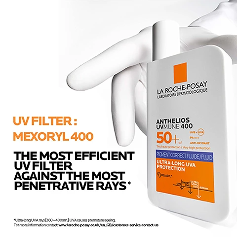Image 1 - An image of a hand holding a white sunscreen bottle labeled La Roche-Posay Anthelios UVMune 400 SPF 50+, with text stating UV FILTER: MEXORYL 400, THE MOST EFFICIENT UV FILTER AGAINST THE MOST PENETRATIVE RAYS, and a note about ultra-long UVA rays.
              Image 2 - A split image showing two sections: the left features a purple burst effect labeled ANTI-PIGMENTATION with text stating protects and corrects from uneven skin tone to the appearance of persistent dark spots, and the right shows a bright sunburst labeled MEXORYL 400 with text stating ultra-long UVA protection.
              Image 3 - A white bottle of skincare product with a droplet of the product falling onto a glossy white surface, with visible text that reads APPLY THE PRODUCT JUST BEFORE EXPOSURE. SUITABLE FOR DAILY USE REMEMBER TO APPLY FREQUENTLY AND GENEROUSLY.
              Image 4 - A bottle of La Roche-Posay Anthelios UVMune 400 sun protection fluid, prominently displaying the SPF 50+ logo, with graphics in the background emphasizing ultra-long UVA protection and anti-dark spots properties.
              Image 5 - Image of a promotional graphic for La Roche-Posay featuring a logo at the top, followed by four icons with accompanying text, stating: Recommended by dermatologists, Suitable for photosensitive skin, Protection against UVA/UVB, and Fragrance-free formula.
              Image 6 - Three skincare products from La Roche-Posay are displayed, labeled with numbers 1, 2, and 3: MELA B3 Cleanser Purifying Micro-Peeling, MELA B3 Serum Anti-Dark Spots, and ANTHELIOS UV MUNE 400 Protect UVA and UVB.