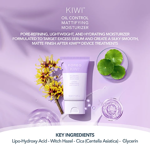 Image 1 - A light purple tube of Foreo Kiwi Oil Control Mattifying Moisturizer is displayed beside a small bowl of green leaves and water droplets, with text highlighting the products description and key ingredients including Lipo-Hydroxy Acid, Witch Hazel, Cica (Centella Asiatica), and Glycerin.
              Image 2 - An arrangement of green leaves, a clear gel-like substance, and a creamy white product, with four checkmarked benefits listed: micro-exfoliating with Lipo-Hydroxy Acid, pore minimizing with Witch Hazel, repairing with Cica (Centella Asiatica), and hydrating with Glycerin, all set against a light purple background.
              Image 3 - A smiling woman with curly hair applies cream to her face while holding a tube labeled Foreo Kiwi, and the image features text stating Dermatologist tested, Suitable for all skin types, and 79% natural origin ingredients.
              Image 4 - Image showing a side-by-side comparison of skin, with the left side labeled BEFORE showing visible pores and blemishes, and the right side labeled AFTER showing smoother, clearer skin.
              Image 5 - Image shows a layout of a skincare routine featuring FOREO products including a cleanser, mask, toner pads, and a mattifying moisturizer, with the text outlining the steps: Cleanse, Purify, Extract & Rejuvenate, Minimise, and Moisturise, along with a pro tip about using the mattifying moisturizer before makeup.