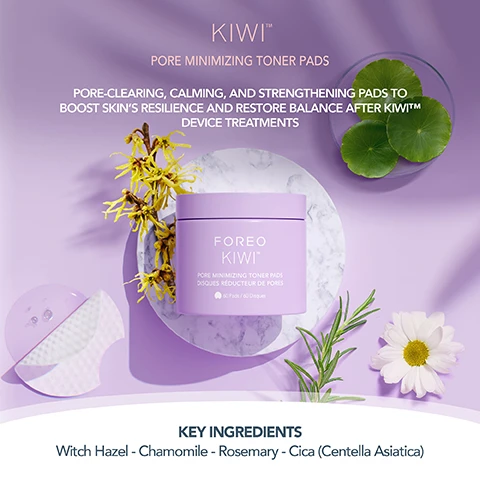 Image 1 - Image shows a purple container labeled FOREO KIWI PORE MINIMIZING TONER PADS with white text on top reading PORE CLEARING, CALMING, AND STRENGTHENING PADS TO BOOST SKINS RESILIENCE AND RESTORE BALANCE AFTER KIWI DEVICE TREATMENTS, surrounded by botanical elements including witch hazel, chamomile, rosemary, and a green plant, with the text KEY INGREDIENTS Witch Hazel - Chamomile - Rosemary - Cica (Centella Asiatica) at the bottom.
              Image 2 - An image featuring a purple background with a clear, half-visible product, surrounded by a white daisy, witch hazel branches, and green leaves, with text stating PORE MINIMIZING Witch Hazel, SOOTHING Chamomile, REDNESS-REDUCING Rosemary, and REPAIRING Cica (Centella Asiatica).
              Image 3 - A young woman with long hair is resting on bed with a round patch on her forehead, and there are icons with text stating Dermatologist tested, Suitable for all skin types, and 97% natural origin ingredients.
              Image 4 - A close-up view of a nose showing skin texture differences before and after treatment, with the left side labeled as BEFORE and the right side labeled as AFTER.
              Image 5 - Image shows a skincare routine graphic featuring products from FOREO, including LUNA™ 4 cleanser, KIWI™ Active Pore & Blackhead Mask, KIWI™ Pore Minimizing Toner Pads, and KIWI™ Oil Control Mattifying Moisturizer, with bold headings Cleanse, Purify & Rejuvenate, Minimise, and Moisturise, along with a pro tip about using the textured side of the toner pads.