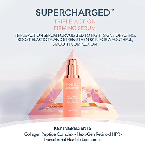 Image 1 - A pink serum bottle with a pump top is centered in the image, surrounded by geometric shapes and bubbles, with the text Supercharged Triple-Action Firming Serum and a description of its benefits, along with the key ingredients listed below.
              Image 2 - A pink serum bottle with a pump sit on a glossy surface surrounded by droplets of liquid, with visible text reading Smoothing Collagen Peptide Complex, Renewing Hydroxypinacolone Retinoate (HPR), and Nourishing Transdermal Flexible Liposomes.
              Image 3 - A young woman with a towel wrapped around her hair holds a serum bottle labeled FOREO Supercharged while looking into a mirror, with text beside her stating Dermatologist tested, Suitable for all skin types, and 90% natural origin ingredients.
              Image 4 - A side-by-side comparison of a womans jawline showing the before and after results of a cosmetic treatment, with visible text labeling the left image as Before and the right image as After.
              Image 5 - Image shows a skincare routine layout featuring various FOREO products, including LUNA Micro-Foam Cleanser 2.0, LUNA 4, SUPERCHARGED Triple-Action Firming Serum, BEAR 2, UFO activated mask, SUPERCHARGED Overnight Skin Repair Face Oil, and SUPERCHARGED Ultra-Hydrating Sleeping Mask, with a PRO TIP advising the application of the serum in upward motions for best results.