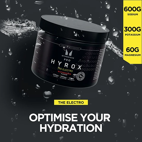 Image 1 - A container of Myprotein Pro HYROX electrolyte supplement is shown with splashes of water around it; visible text includes 600G SODIUM, 300G POTASSIUM, 60G MAGNESIUM, THE ELECTRO, and OPTIMISE YOUR HYDRATION.
Image 2 - A man in a sleeveless shirt drinks from a pink sports bottle, with text around him that reads 600G SODIUM, 300G POTASSIUM, 60G MAGNESIUM, and the phrases THE ELECTRO and OPTIMISE YOUR HYDRATION.
Image 3 - Two men are exercising on rowing machines in a gym, with one man focused on rowing and the other resting in the background. Below the image, there is text that includes company and customer care information for THG Nutrition (India) Private Limited, including FSSAI details and contact information.