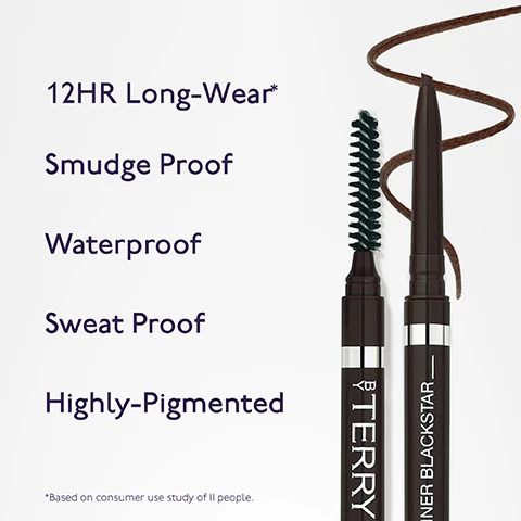 Image 1 - Image of a brown eyeliner pencil next to a spoolie brush against a white background, with text highlighting features: 12HR Long-Wear, Smudge Proof, Waterproof, Sweat Proof, Highly-Pigmented, and a note about consumer use study of 11 people.
              Image 2 - Image shows a drop of golden oil with a pipette, accompanied by text that lists key ingredients: Vitamin C promotes healthy hair and Vitamin E provides hydration, along with icons for vegan formula, naturally derived ingredients, and clean formula.
              Image 3 - Image shows five eyebrow pencil shades from the BLACKSTAR range, labeled from top to bottom as N.01 Blonde, N.02 Auburn, N.03 Ashbrown, N.04 Brunette, and N.04 Ebony, each accompanied by a corresponding swatch line of color.
              Image 4 - Image shows a silver container of Browgel Blackstar with a black brush applicator and a brown Browliner Blackstar pencil alongside it with the text The Perfect Pair.
