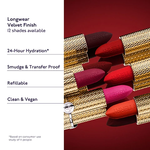 Image 1 - A collection of lipsticks with gold packaging displayed on a red background, featuring text that reads Longwear Velvet Finish, 12 shades available, 24-Hour Hydration*, Smudge & Transfer Proof, Refillable, Clean & Vegan.
              Image 2 - A close-up of a red lipstick with a textured gold casing is surrounded by shimmering red gemstones and droplet illustrations, featuring text that reads Ruby Radiance Complex, Smooth luminous finish, 50 Peptides Complex, Boosts Collagen production & reduces fine lines, Raspberry Leaf Extract, Long-lasting hydration, and Goji Berry Extract, Enhances natural volume & softness