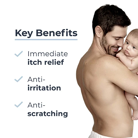 Image 1 - A smiling man holds a baby close to his chest, with text on the left that reads Key Benefits, followed by checkmarks for Immediate itch relief, Anti-irritation, and Anti-scratching.
              Image 2 - A hand holds a tube of Eucerin Atopi Control Acute Care Cream, with text beside it stating Itchy, very dry to atopic skin, Anti-itch, and Suitable for babies.
              Image 3 - A creamy, white skin product is swirled in a zigzag pattern with text labeling Licorice A, Ceramides, and Menthoxypropanediol (MPD) beside the respective components.
              Image 4 - A light blue background features the text up to 24H itch relief* in bold, with a star and a note at the bottom stating BDF Internal Study 2023.
              Image 5 - Image shows three Eucerin AtoControl products arranged in a horizontal line: a yellow bottle labeled SHOWER OIL, a white tube labeled CALMING BALM, and a white tube labeled ACUTE CARE CREAM, with the text Recommended Routine above them and numbers 1, 2, and 3 in the background.