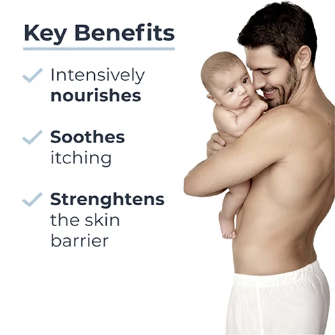 Image 1 - A shirtless man is holding a baby against his chest, with text on the left listing key benefits: intensively nourishes, soothes itching, strengthens the skin barrier.
              Image 2 - A dollop of white cream is shown with labels indicating Natural Omega Oils (Evening Primrose & Grape Seed), Ceramides, and Licorice A.
              Image 3 - A person is holding a tube of Eucerin AtoControl Calming Balm, with text on the right side that reads Itchy, very dry to atopic skin, Calming, and Suitable for Newborns.
              Image 4 - Image displays a light blue background with rays of light; it features the text 91% confirm long-lasting itch relief, with a footnote stating *Product in use study with 160 volunteers with mild to moderate atopic dermatitis. Results after 4 weeks application.
              Image 5 - Image shows three Eucerin Atocontrol skincare products: a yellow bottle labeled Calming Shower Oil on the left, a white tube labeled Calming Balm in the center, and a white tube labeled Calming Face Cream on the right, with text that reads Recommended Routine above and numbers 1, 2, and 3 above the products.