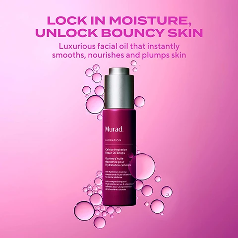 Image 1 - A bottle of Murad Cellular Hydration Repair Oil Drops against a soft pink background, surrounded by bubbles, with the text Lock in moisture, unlock bouncy skin and Luxurious facial oil that instantly smooths, nourishes and plumps skin.
              Image 2 - Side-by-side comparison of a womans face showing skin improvement; on the left labeled BEFORE with redness and blemishes, and on the right labeled AFTER 1 WEEK* with improved clarity and radiance, featuring a purple product bottle labeled Murad in the bottom right, with the text EVEN SKIN TONE + RESTORE RADIANCE* and a disclaimer about consumer perception after two weeks.
              Image 3 - A side-by-side comparison image showing a womans face, labeled BEFORE on the left and AFTER 1 WEEK on the right, demonstrating improvement in skin appearance, with a purple bottle of Murad Cellular Hydration at the bottom, accompanied by text stating CLINICALLY PROVEN* INCREASES HYDRATION BY 179%* Consumer perception of 34 participants after 2 weeks. Individual results may vary.
              Image 4 - Image depicts a bottle of Murad Cellular Hydration Repair Oil Drops with a dropper, set against a pink background, alongside text that states: CLINICALLY PROVEN INSTANTLY Skin looks plumper, dewy and bouncy* INSTANTLY Skin feels smoother, soothed and nourished* IN 1 WEEK Locks in moisture at the cellular level* IN 2 WEEKS Increases hydration by 172%* *Results based on 34 participants during a 2-week study.
              Image 5 - Image features various transparent bubbles of different sizes on a pink background, with text describing the benefits of Jojoba Seed Oil, Bilberry Seed Oil, and Luxe 6-Vitamin Blend (A-F) stating their skin care properties.
              Image 6 - A close-up of a womans face with a dropper applying face oil to her cheek, along with text listing four ways to use the oil: 01 Use alone after cleansing, 02 Mix 1-2 drops with your favorite serum or moisturiser, 03 As the last step to lock in your skincare, 04 As a dewy makeup primer.
              Image 7 - Image shows two Murad oil drop bottles: the green bottle is labeled Retinol Youth Renewal Oil Drops and the purple bottle is labeled Cellular Hydration Repair Oil Drops, with text describing their benefits: oil drops 101: wrinkles or barrier repair? Retinol + algae oil for new + experienced retinol users firms, smooths + evens tone, and Omegas + 6-vitamin blend restores skin barrier relieves redness + smooths texture.
              Image 8 - Image shows the Murad Cellular Hydration Barrier Repair Collection with four skincare products labeled as Mask, Serum, Cream, and Oil Drops, set against a pink background, accompanied by the text CELLULAR HYDRATION BARRIER REPAIR COLLECTION Repairs the skin’s barrier AND locks in hydration at the cellular level to restore health and radiance.
              Image 9 - Image of two Murad skincare products: a pump bottle of Cellular Hydration Repair Serum and a dropper bottle of Cellular Hydration Repair Face Oil Drops with the text LOCK IN YOUR ACTIVES WITH OIL DROPS, Concentrated, barrier repairing serum, Non-greasy, fast-absorbing oil, and BETTER TOGETHER along with a derm tip about layering the products.