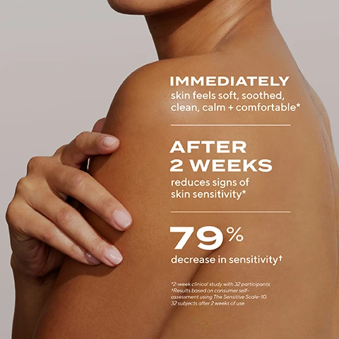 Image 1 - A close-up of a shoulder and arm with visible text stating: IMMEDIATELY skin feels soft, soothed, clean, calm + comfortable, AFTER 2 WEEKS reduces signs of skin sensitivity, 79% decrease in sensitivity.
              Image 2 - A hand holding a tube of Murad Hydration Sensitive Skin Soothing Body Cleanser, with text displaying Effective Results + Sensitivity Relief and features listed as Ultra-gentle, Hypo-allergenic, Alcohol-free, Fragrance-free, Non-stripping.