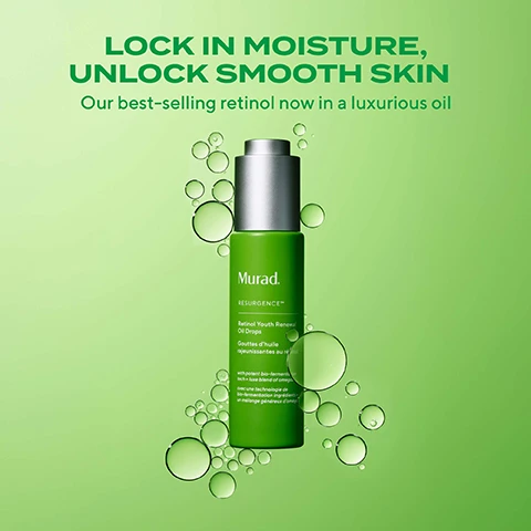 Image 1 - Image of a green bottle labeled Murad Resurgence Retinol Youth Renewal Oil Drops, with text stating LOCK IN MOISTURE, UNLOCK SMOOTH SKIN and Our best-selling retinol now in a luxurious oil, surrounded by bubbles on a light green background.
              Image 2 - Side-by-side comparison of a womans face showing visible improvement in wrinkles after two weeks of using a skincare product, with text that reads Clinically Proven, Visibly Reduces Wrinkles in 2 Weeks, and Unretouched Real Results.
              Image 3 - A side-by-side comparison of a womans face, showing the left side labeled BEFORE with visible redness and less defined features, and the right side labeled AFTER 4 WEEKS showing improved skin firmness, along with a green bottle of Murad skincare product and text stating CLINICALLY PROVEN VISIBLY INCREASES SKIN FIRMNESS BY 68% IN 4 WEEKS* UNRETOUCHED REAL RESULTS.
              Image 4 - Image of a green skincare bottle labeled Murad with a dropper dispensing oil, along with text stating clinically proven claims about reducing wrinkles in 2 weeks, smoother skin in 2 weeks, increasing skin firmness by 68% in 4 weeks, and that 95% of participants agree it did not irritate skin.
              Image 5 - Close-up of green liquid with multiple bubbles, highlighting the benefits of Retinol, Vitamins C, E, Lipids, and Biofermented Algae Oil with visible text stating their effects on skin.
              Image 6 - Close-up of a woman’s face applying face oil, with text that reads 1 face oil, 3 ways to use it: 01 Use alone after cleansing, 02 Mix 1-2 drops with your favorite PM serum or moisturiser, 03 As the last step to lock in your PM skincare.
              Image 7 - Image shows two bottles of Murad oil drops, one green labeled as Retinol Youth Renewal Oil Drops for new and experienced retinol users, and one purple labeled as Cellular Hydration Repair Oil Drops with a description of their benefits and text stating Oil Drops 101: Wrinkles or Barrier Repair?
              Image 8 - Image of the Retinol Youth Renewal Collection featuring four skincare products laid out on a light green background, with labels for each product: Retinol Youth Renewal Eye Serum, Retinol Youth Renewal Serum, Retinol Youth Renewal Night Cream, and Retinol Youth Renewal Oil Drops, accompanied by steps labeled TARGET, TARGET, HYDRATE, and NOURISH, along with the header text stating Clinically proven to minimise AND future-proof skin against wrinkles, dullness + uneven tone.
              Image 9 - Image features two skincare products from Murad: a transparent bottle labeled Retinol Youth Renewal Serum with the description Lightweight gel cream, and a green bottle labeled Retinol Youth Renewal Face Oil Drops with Non-greasy, fast-absorbing oil. The background is a solid green, and the text LOCK IN YOUR ACTIVES WITH OIL DROPS and BETTER TOGETHER appears alongside a derm tip suggesting to layer oil drops over the serum to maximize benefits.