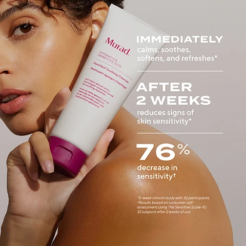 Image 1 - A woman with dewy skin holds a tube of Murad Hydration Sensitive Skin Cleanser, with her face turned towards the camera, while text on the image indicates immediate calming effects and a 76% decrease in skin sensitivity after two weeks.
              Image 2 - A hand holds a tube of Murad Hydration Sensitive Skin cleanser, with product benefits listed alongside it, including Ultra-gentle, Hypo-allergenic, Alcohol-free, Fragrance-free, and Non-stripping.
              Image 3 - Image showing a side-by-side comparison of skin before and after using a skincare product, with visible text Before and Immediate on the respective sections, and a label for the product HEARTLEAF SENSITIVE SKIN TRIO in the upper right corner.
              Image 4 - Image shows a close-up of a persons chin and lower cheek area with two sections labeled Before and After 1 week; the before area has visible blemishes while the after area appears smoother, with the text HEARTLEAF SENSITIVE SKIN TRIO in a purple box at the top.
              Image 5 - Image shows two side-by-side photos of a persons lower face, with the left labeled Before showing visible wrinkles and blemishes, and the right labeled After 1 week showing smoother skin; there is also a purple box at the top right reading HEARTLEAF SENSITIVE SKIN TRIO.
              Image 6 - Close-up images of a persons cheek area showing skin before and after using a skincare product, with visible improvements; the top section labeled Before and the bottom section labeled After 2 weeks, with the text Heartleaf Sensitive Skin Trio in the corner.