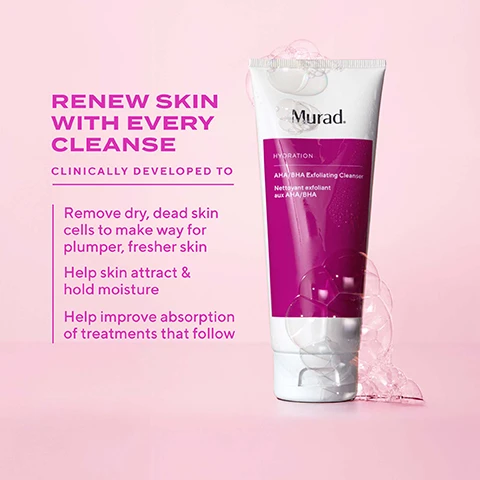 Image 1 - A tube of Murad AHA/BHA Exfoliating Cleanser is displayed against a pink background, with bubbles and text highlighting its benefits, including renewing skin with every cleanse, removing dry skin cells for fresher skin, attracting moisture, and improving treatment absorption.
              Image 2 - A creamy white substance with bubbles is displayed on a pink background, with the visible text reading AHA/BHA Exfoliating Cleanser and CREAMY WITH MICRO-EXFOLIANTS.
              Image 3 - A close-up of a person applying a creamy facial cleanser to their face, with visible text stating Luxurious Softening & Renewing Cleanser and Soften, Renew, and Deeply Cleanse Skin.
              Image 4 - Image of a white cream swatch on a pink background with text labels describing ingredients: Glycolic + Lactic Acids (AHA) Exfoliate to speed up cell renewal for smoother, softer, renewed skin, Jojoba Beads Manually exfoliate and help remove dull, dry skin, Salicylic Acid (BHA) Unclogs pores & loosens the glue so dead skin cells are easily removed.
              Image 5 - Two tubes of Murad AHA/BHA Exfoliating Cleanser are displayed, featuring pink and white packaging with a label indicating NEW and the text NEW LOOK, NEW SIZE, NEW RENEWING FORMULA.
              Image 6 - Image shows four Murad cleanser tubes arranged from left to right, with purple, orange, green, and blue packaging, above which is the text FIND YOUR CLEANSER; the tubes are labeled RENEW AHA/BHA Exfoliating Cleanser, BRIGHTEN Essential-C Cleanser, SMOOTH Renewing Cleansing Cream, and CLEAR Clarifying Cleanser.