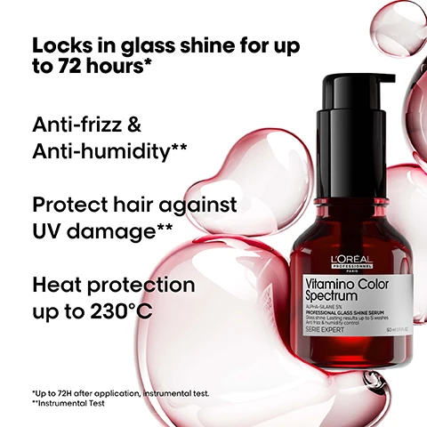 Image 1 - An image of a bottle of LOréal Professionnels Vitamino Color Spectrum hair serum surrounded by colorful, translucent bubbles with promotional text highlighting benefits such as locks in glass shine for up to 72 hours, anti-frizz and anti-humidity, UV protection for hair, and heat protection up to 230°C.
              Image 2 - A woman with long, vibrant red hair is styled dramatically against a black background, with text highlighting five color dimensions: Shine: High Glass shine, Rich, vibrant colours, Contrast: Optimal perception between multiple shades, Tone: Helps neutralise unwanted reflects, Brightness: Level of brightness and darkness are well preserved.
              Image 3 - A colorful, fluid abstract shape with a dark background, featuring the text 5% Alpha-silane Locks in glass shine and additional text Inside the fiber. Protective layer activated by heat. *Up to 72H after application, instrumental test.
              Image 4 - The image shows two side-by-side comparisons of hair transformations labeled Before and After, featuring long pink hair and curly blonde hair on the top, and wavy dark red hair with hair care products displayed on the bottom right, with visible text reading Not retouched and Vitamina Color Spectrum.
              Image 5 - Image shows three hair care products from LOréal Professionnel Paris labeled Vitameino Color Spectrum, including a shampoo, a mask, and a serum, with text stating The anti-fading professional routine, 01 Cleanse, 02 Moisturise, and 03 Shine.
              Image 6 - A person with short hair, wearing a sleeveless black shirt, sits in a chair while looking at the camera, with the text that reads Pro favorites, Innovative. Versatile. Hair looks shiny & less frizzy, @lucasdioslo, Lucas di Oslo.