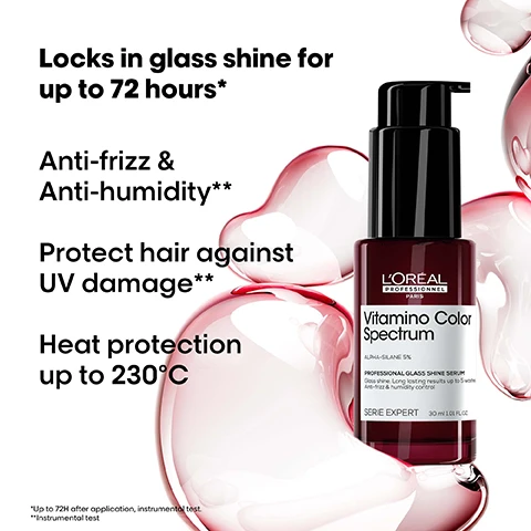 Image 1 - A bottle of LOréal Professionnel Vitamino Color Spectrum hair serum is surrounded by fluid-like shapes, with visible text detailing its benefits including locks in glass shine for up to 72 hours, anti-frizz and anti-humidity, protection against UV damage, and heat protection up to 230°C.
              Image 2 - A woman with flowing, vibrant hair showcases a dramatic hairstyle against a dark background, while text highlights five proven efficacy points on colour dimensions, including shine, rich colours, contrast, tone, and brightness.
              Image 3 - A colorful, abstract image resembling a fluid, glossy blob with a gradient of orange, purple, and blue hues, featuring the text THE TECH 5% Alpha-silane Locks in glass shine* *Up to 72H after application, instrumental test.
              Image 4 - Four images showing hair transformations labeled Before and After on two sides, with various hair styles including straight vibrant purple hair, curly blonde hair, wavy burgundy hair, and behind them, five hair care products are displayed with the text Vitamin Color Spectrum underneath and Not retouched at the bottom.
              Image 5 - Image shows three hair care products from LOréals Vitamino Color Spectrum range: a bottle of professional shampoo, a jar of conditioner, and a serum, with the text The anti-fading professional routine and steps labeled 01 Cleanse, 02 Moisturise, 03 Shine.
              Image 6 - A man with short hair wearing a black tank top and sitting in a white chair is displayed, alongside the text Pro favorites. Innovative. Versatile. Hair looks shiny & less frizzy. @lucasdioslo Lucas di Oslo.