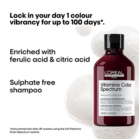 Image 1 - A bottle of LOréal Professionnel Vita-mino Color Spectrum shampoo is displayed against a white background with bubbles nearby; the label reads Lock in your day 1 colour vibrancy for up to 100 days*, Enriched with ferulic acid & citric acid, Sulphate free shampoo, Vitamino Color Spectrum, 300 ml 10.1 fl. oz.
              Image 2 - A woman with long, flowing purple hair poses against a dark background, showcasing vibrant colors and sleek hair as text highlights the new hair technology and its five color dimensions: 01 Shine: High Glass shine, 02 Rich vibrant colours, 03 Contrast, 04 Tone, 05 Brightness, with a note about instrumental tests after continued application of the full Vitamino Color Spectrum routine.
              Image 3 - An abstract, colorful orb with swirling shades of orange, pink, and blue appears against a black background, featuring the text THE TECH Ferulic Acid + Citric Acid Locks dyes inside the fiber *With full Vitamino Color Spectrum system.
              Image 4 - Image shows two pairs of before and after hair transformations, with the top left featuring straight, vibrant pink hair and the top right displaying curled blonde hair, while the bottom left shows wavy dark red hair and the bottom right highlights hair products alongside the text Vitamino Color Spectrum for all colored hair.
              Image 5 - The image shows three hair care products from LOréal Professional Paris labeled Vitamine Color Spectrum with a maroon shampoo bottle, a deep conditioning mask jar, and a serum bottle, accompanied by the text The anti-fading professional routine, and numbered steps: 01 Cleanse, 02 Moisturise, 03 Shine.
              Image 6 - A woman with long braided hair smiles while wearing a black blazer, next to text that reads Pro favorites. A luxurious shampoo. Cleanses well & has a clear difference in elasticity. @sabrinathehairwitch Sabrina Bias.
              Image 7 - An instructional image showing hair care application steps with the text How to apply like a Pro, including steps 01 Apply evenly on damp hair. Emulsify until a rich foam appears, 02 Rinse thoroughly, and 03 Follow up by Vitamino Color Spectrum routine.
              Image 8 - A dark bottle labeled LOreal Professionnel Vitamin Color Spectrum is surrounded by colorful fruits and flowers, with text indicating The fragrance, Citrus notes, Rose, Crunchy rhubarb, and Creamy sandalwood.