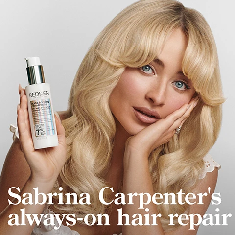 Image 1 - Image shows a woman with long, wavy blonde hair holding a bottle of Redken hair product and looking directly at the camera; visible text includes Sabrina Carpenters always-on hair repair.
              Image 2 - Image of a bottle of Redkens 24/7 Bond Repair Overnight Treatment on a two-toned background, featuring text that reads 24/7 BOND REPAIR OVERNIGHT TREATMENT, UP TO 89% LESS BREAKAGE*, UP TO 3X SOFTER*, along with additional details about the product including its ingredients and intended use for damaged hair.
              Image 3 - A side-by-side comparison of a woman with curly hair showing the left side labeled BEFORE and the right side labeled AFTER, with visible text below the right image stating *AFTER ACIDIC BONDING CONCENTRATE SHAMPOO, CONDITIONER, AND 24/7 SERUM.
              Image 4 - Image shows a comparison of hair before and after treatment, with the left side labeled BEFORE displaying frizzy, unkempt blonde hair, and the right side labeled AFTER* showing smooth, shiny, well-groomed blonde hair, accompanied by visible text stating *AFTER ACIDIC BONDING CONCENTRATE SHAMPOO, CONDITIONER, AND 24/7 SERUM.
              Image 5 - A smooth, flowing background with visible text stating that the product is formulated with citric acid, polyglutamic acid, and squalane, which magnetizes the hair to prevent breakage.
              Image 6 - A graphic featuring a light gray background and a geometric illustration on the right, with the text that reads CITRIC ACID PENETRATES 7 LAYERS DEEP & STRENGTHENS HAIR* at the center and additional text stating *CONTINUED USE OF SYSTEM OF ABC SHAMPOO, CONDITIONER, AND SERUM VS. UNTREATED HAIR at the bottom.
              Image 7 - A person with curly hair in a black shirt holds a hand containing cream from a bottle labeled Redken, with visible text that reads START WITH 2 PUMPS, ADD MORE AS NEEDED REAPPLY NIGHT AND DAY AS DESIRED.
              Image 8 - A person with curly hair is shown in two images, one on the left with damp hair and the other on the right with dry hair, both applying a product to their hair with visible text that reads APPLY TO MID-LENGTHS & ENDS ON DAMP OR DRY HAIR.
              Image 9 - Three hair care products are displayed on a white surface with sunlight casting shadows, labeled with the text STRENGTH REPAIR ROUTINE, which includes SHAMPOO, CONDITION, and OVERNIGHT LEAVE-IN.