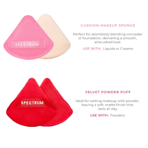 The image shows a pink triangular cushion makeup sponge with a Spectrum band and a beige rounded sponge, followed by their description Cushion Makeup Sponge Perfect for seamlessly blending concealer or foundation, delivering a smooth, airbrushed look. Use With: Liquids or Creams, and below, two red triangular velvet powder puffs with a Spectrum band, followed by their description Velvet Powder Puff Ideal for setting makeup with powder, leaving a soft, matte finish that lasts all day. Use With: Powders.