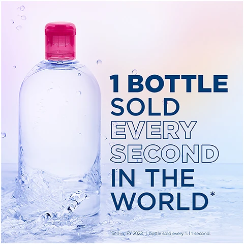 Image 1 - A clear plastic water bottle with a pink cap is surrounded by water splashes, and the text reads 1 BOTTLE SOLD EVERY SECOND IN THE WORLD* *Sell-in FY 2023, 1 bottle sold every 1:11 second.
              Image 2 - A clear bottle of Bioderma Sensibio H2O micellar water is centered in the image against a softly blurred pink and blue background, with the text 30 YEARS repeated in large white letters behind it.
              Image 3 - A person with medium skin tone holds a bottle of Bioderma Sensibio H2O micellar water, with visible text highlighting its features: powerful & deep cleansing efficacy, lasting soothing action, and for a respected sensitive skin ecosystem.
              Image 4 - An abstract representation of micelles with blue and black spherical shapes radiating from the center, accompanied by the text Micellar Technology and a description that explains micelles are inspired by the skins lipids and capture impurities while preserving the skins natural protective film.
              Image 5 - A close-up of a womans face showing smooth skin and subtle makeup, with visible text stating -99% make-up, pollution, pollen* and a note about instrumental measurement after a single application.
              Image 6 - A close-up of a womans face with natural makeup, showing her skin texture, and overlaid with steps for a skincare routine that reads: 1. Soak a reusable cotton-pad and apply SENSIBIO H2O, 2. Cleanse and remove make-up from face and eyes, 3. No need to rinse-off for skincare benefits.