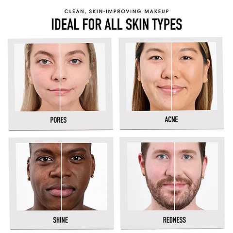 Image 1 - Four side-by-side images of different faces illustrating various skin issues: the top left shows a woman with visible pores, the top right features a woman with acne, the bottom left displays a man with shiny skin, and the bottom right shows a man with redness, with text reading CLEAN, SKIN-IMPROVING MAKEUP IDEAL FOR ALL SKIN TYPES.
              Image 2 - An image showing a compact of bareMinerals powder foundation with a round sponge applicator and a brush on the side, with text instructions on using the product for sheer and maximum coverage: USE WET OR DRY, SHEER COVERAGE Use the included sponge or Luxe Performance Brush (not included) and sweep powder across face. MAXIMUM COVERAGE Soak sponge under cool water until it expands (for brush: dip brush head into water). Squeeze excess water out damp. Apply evenly across face.
              Image 3 - A chart showing various makeup shades for the BarePRO 16HR All-Over Skin-Perfecting Matte Concealer and 24HR Skin-Perfecting Powder Foundation, with a compact and concealer applicator pictured; the heading reads PAIR YOUR BAREPRO.
              Image 4 - Image shows a side-by-side comparison of a womans face before and after makeup application, with visible text labeling the left side as BEFORE and the right side as AFTER, and the shades LIGHT 25 NEUTRAL and UNTRETCHED SKIN displayed above.
              Image 5 - A grid showcasing diverse individuals with various skin tones and shades, categorized under cool, neutral, and warm undertones, promoting the BarePRO 24HR Skin-Perfecting Powder Foundation; visible text includes product name and category labels.
