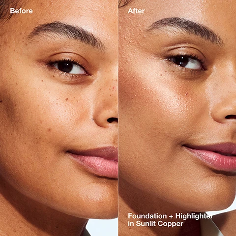 Image 1 - A side-by-side comparison of a persons face showing the left side labeled Before with freckles and a natural look, and the right side labeled After with a smooth complexion enhanced by makeup, including text at the bottom that reads Foundation + Highlighter in Sunlit Copper.
              Image 2 - Image shows a textured peach-colored background with large black text stating 19% skin-conditioning ingredients.
              Image 3 - Three arms of different skin tones display swatches of metallic shades with labels 01 to 04, including the names Moonlit Pearl, Starlit Glow, Daylit Bronze, and Sunlit Copper.
              Image 4 - Image shows several circular compacts with different shades of makeup inside, alongside text that states Formula facts, Clinical expertise: Dermatologist tested, Allergy tested, and Free of: Fragrance, SLS, SLES.
              Image 5 - Image shows four swatches of cosmetic powders in various shades: Starlit Glow (light beige), Moonlit Pearl (soft beige), Sunlit Copper (rich bronze), and Daylit Bronze (warm brown), each labeled next to the swatches.